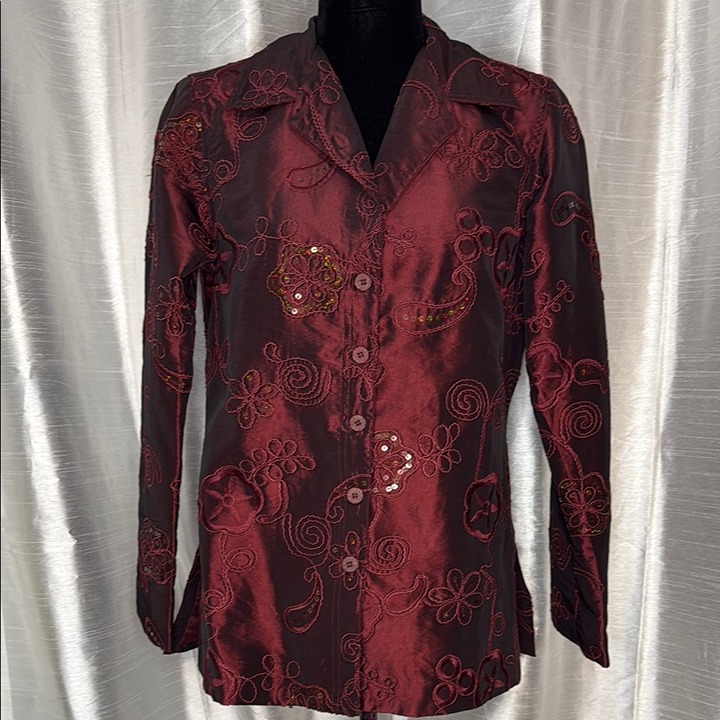 Susan Graver Style Women’s XS Burgundy Embroidered Sequins Button Up Blazer