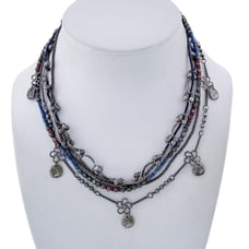 Vintage CL Silver Tone 5 Strand Blue Red Beaded Charm Necklace 15.25