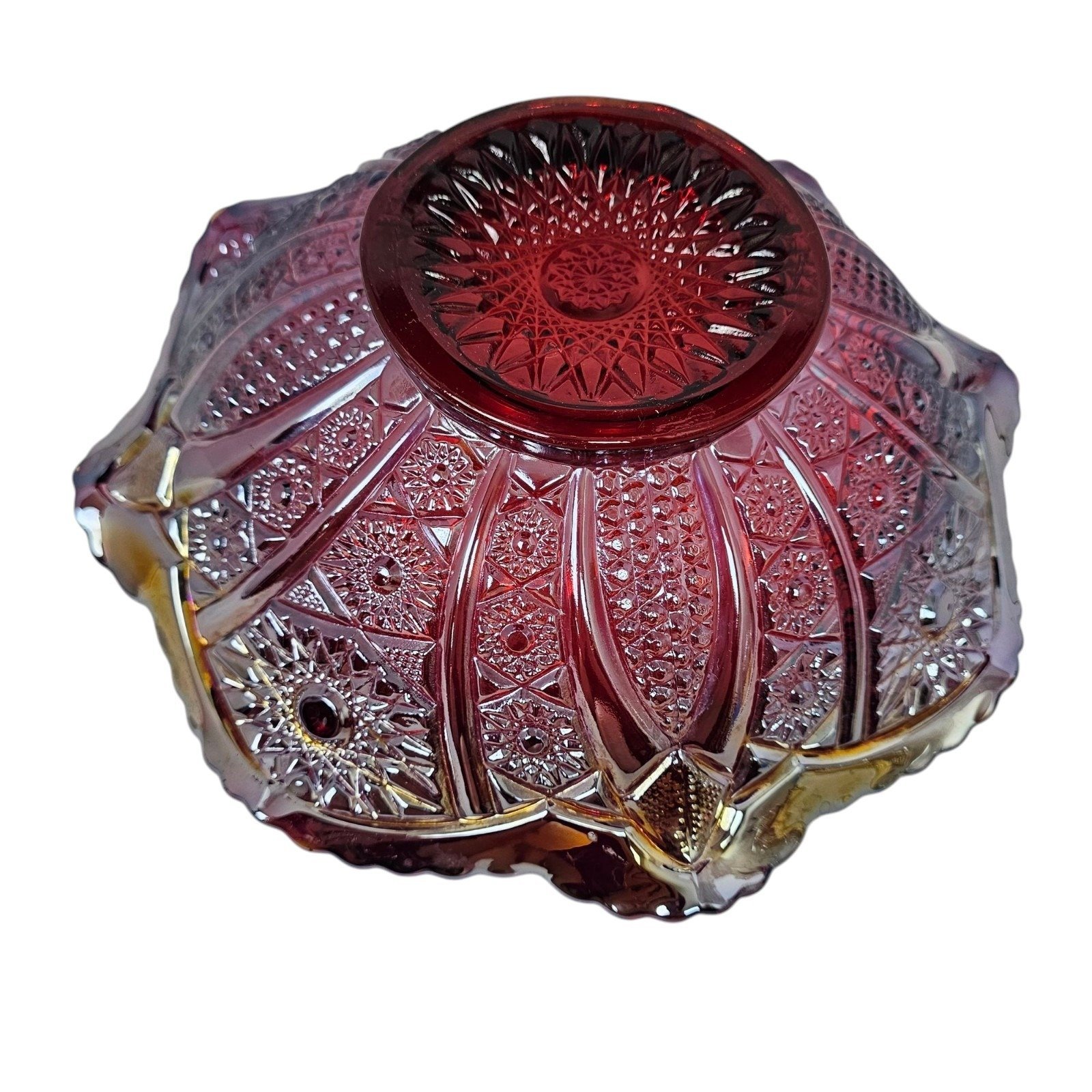Vintage Carnival Glass Bowl Heirloom Sunset Iridescent Star Design 10 Ruffled
