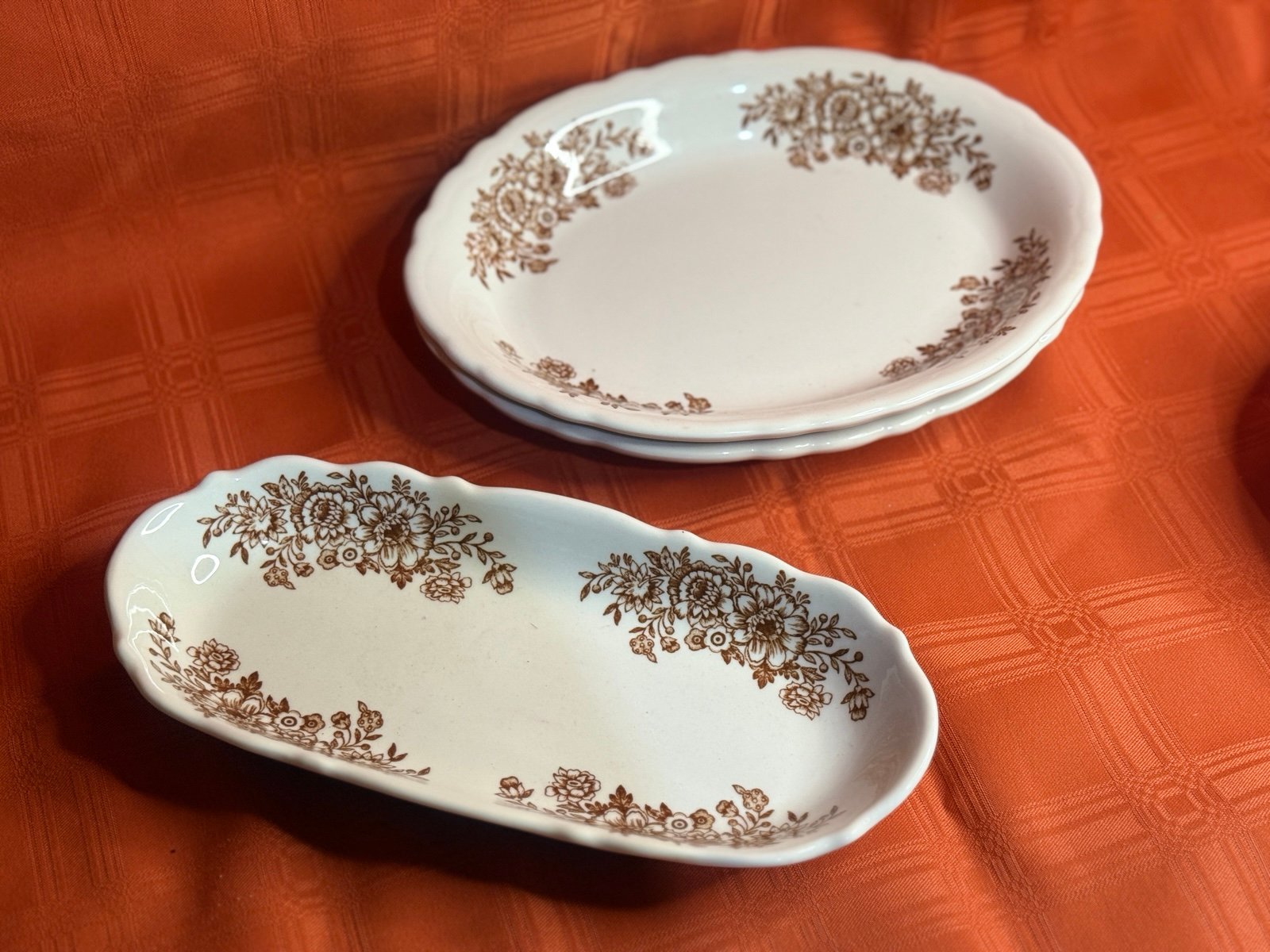 Vintage Sterling China Wellsville OH U.S.A. Brown Floral Oval Plates servingdish