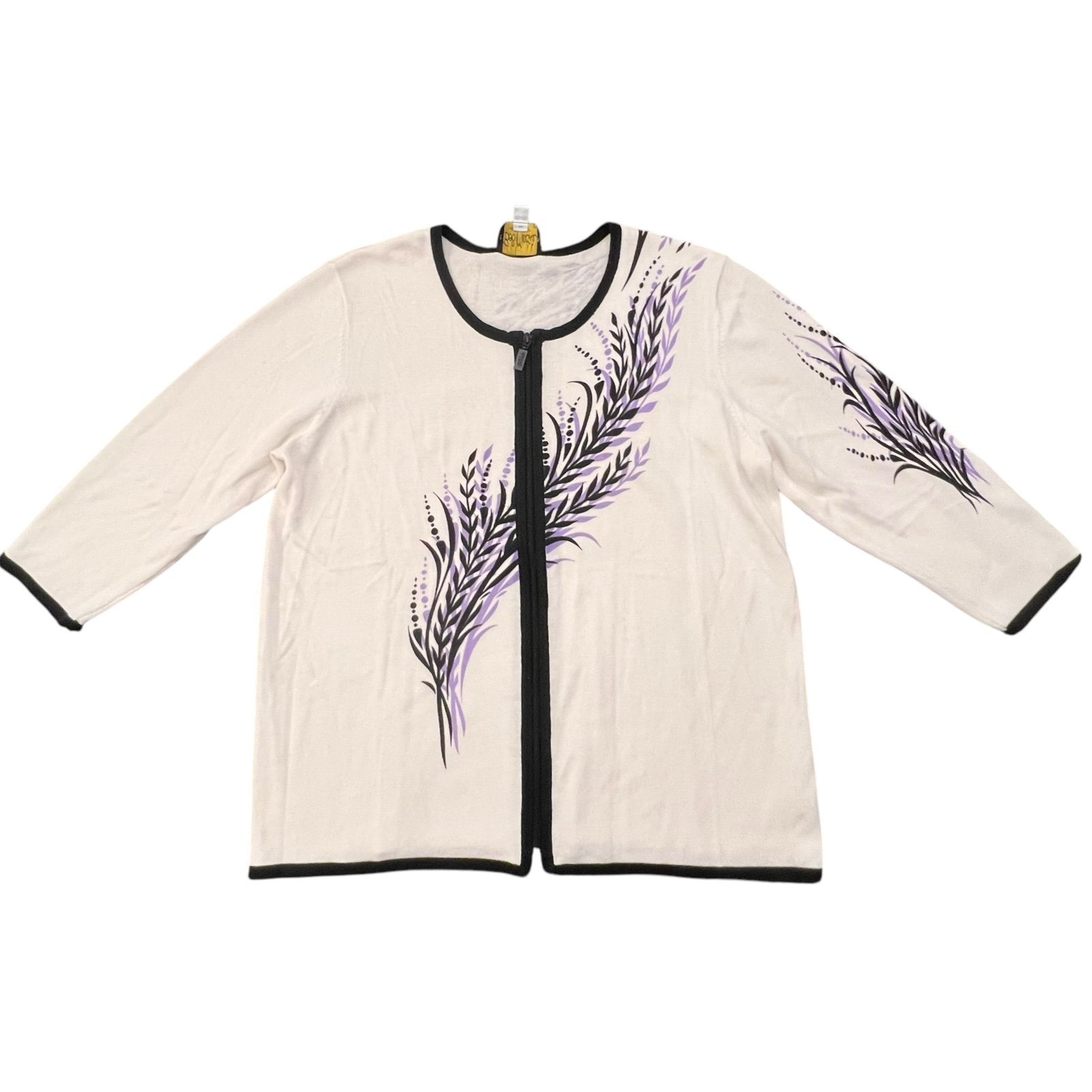 Bob Mackie Wearable Art Leaf Print Cardigan Sweater Front Zipper Size Large