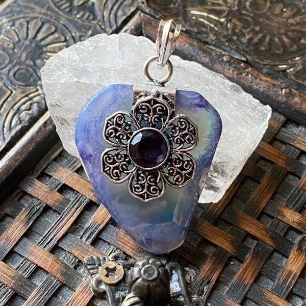 Solar Quartz, Amethyst sterling pendant