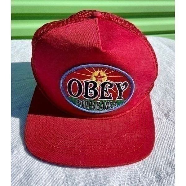 OBEY Propaganda Snapback Red Trucker Hat Cap Patch Script Embroidered Worn On TV