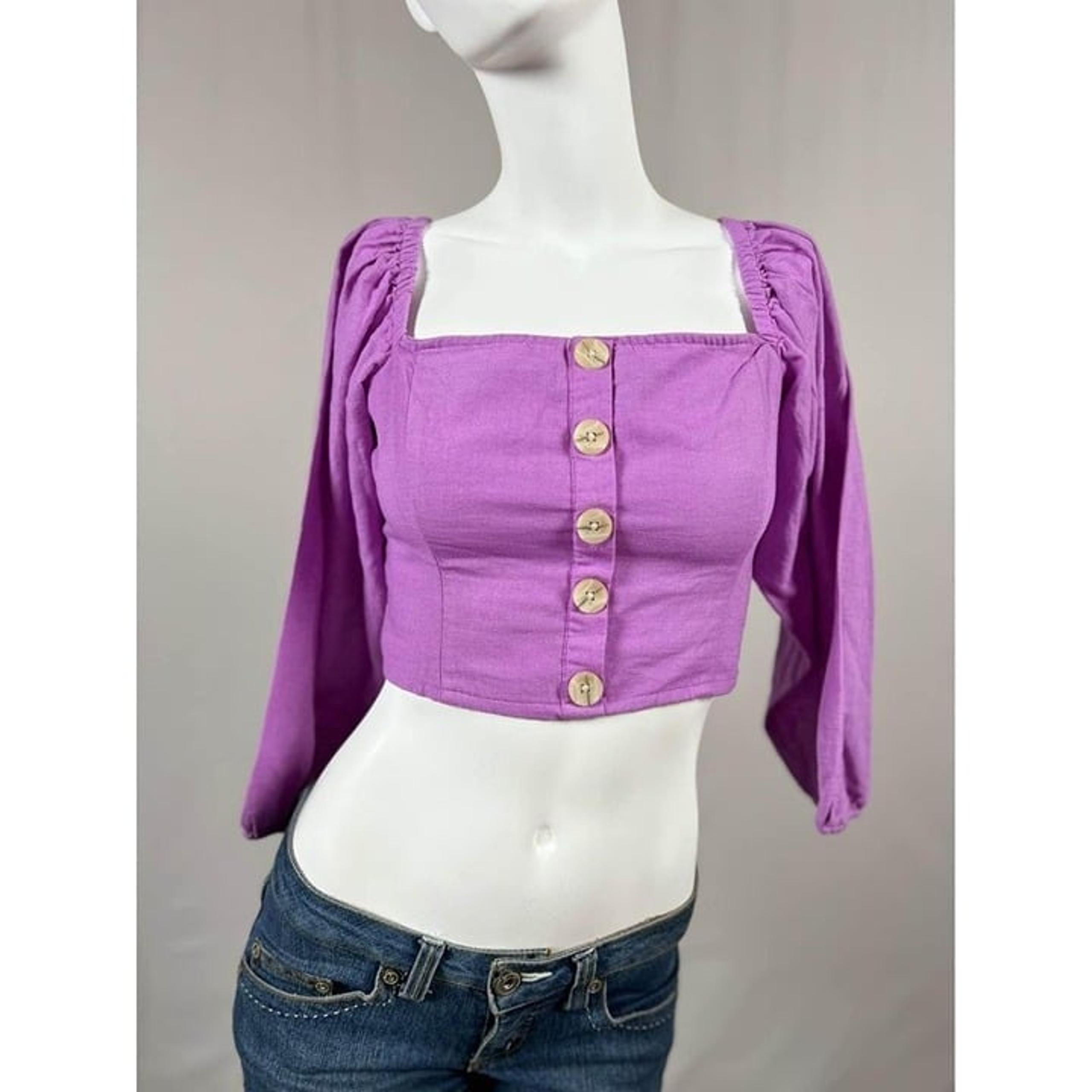 NEW American Eagle Linen Button Crop Top Puff Balloon Sleeve Purple Women's Smal