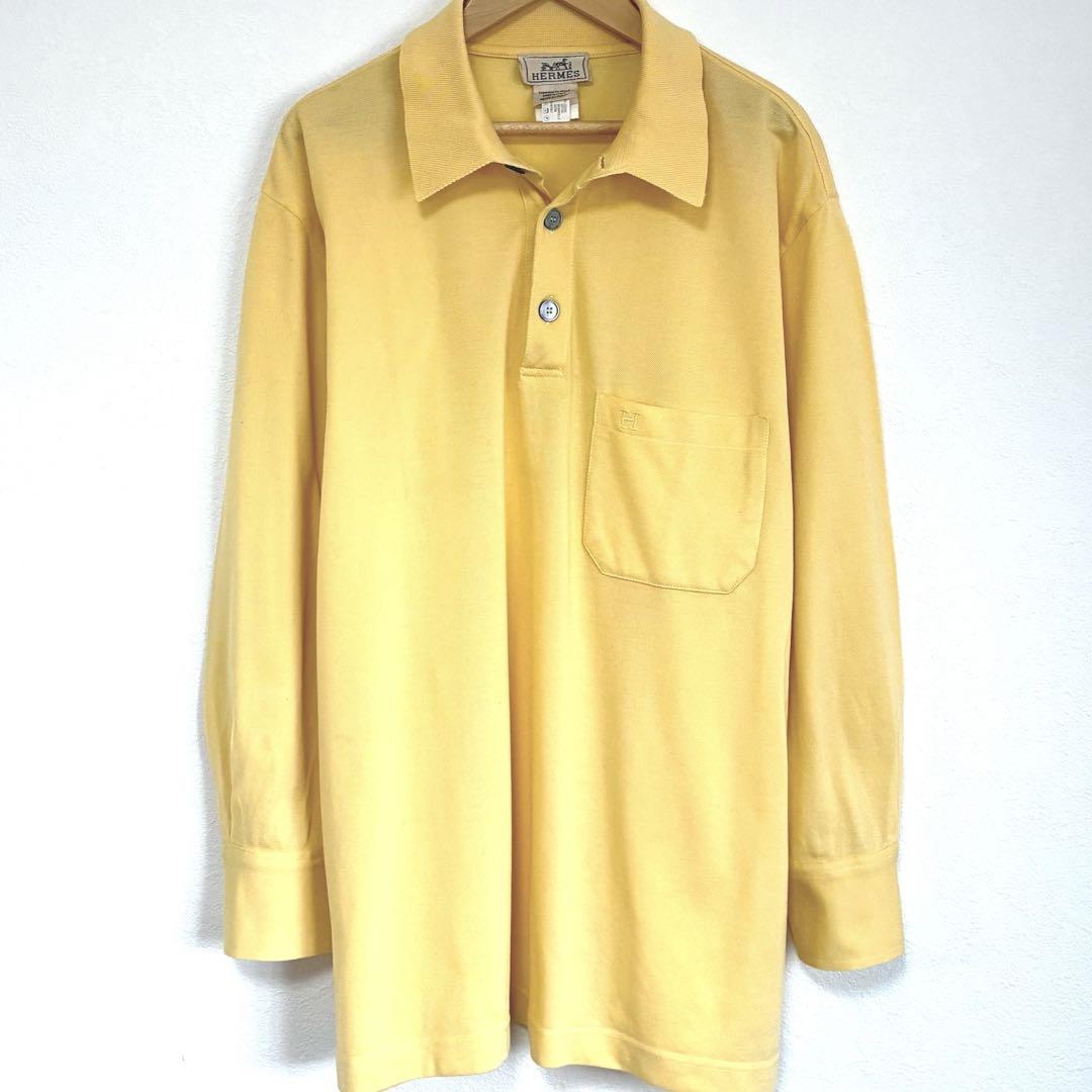 Hermes Polo Shirt, One-Point Shirt, Long Sleeve, H Logo, Vintage, Yellow