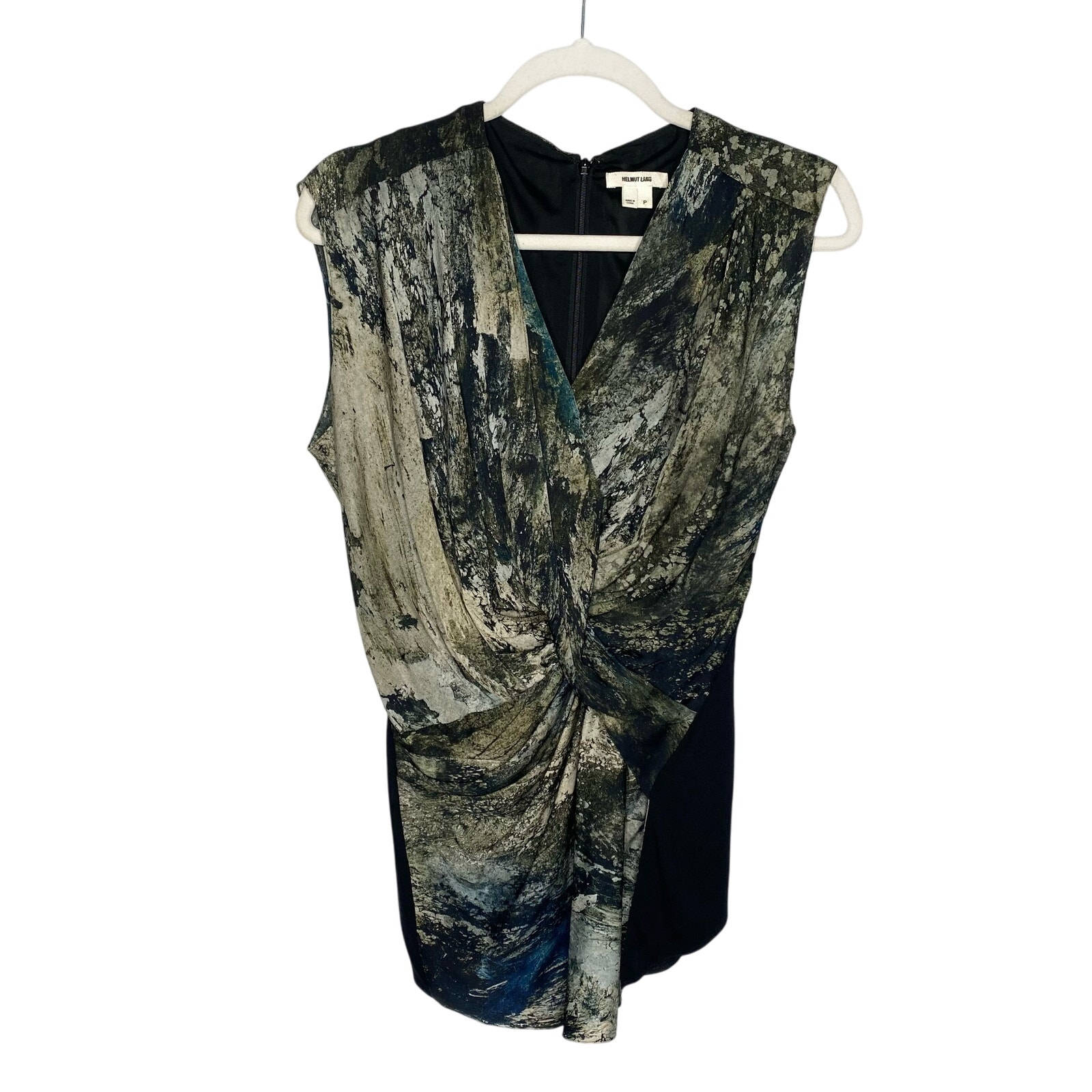Helmut Lang Sleeveless Draped V-Neck Marble Tank Top Silk Blouse Size XS Pleated