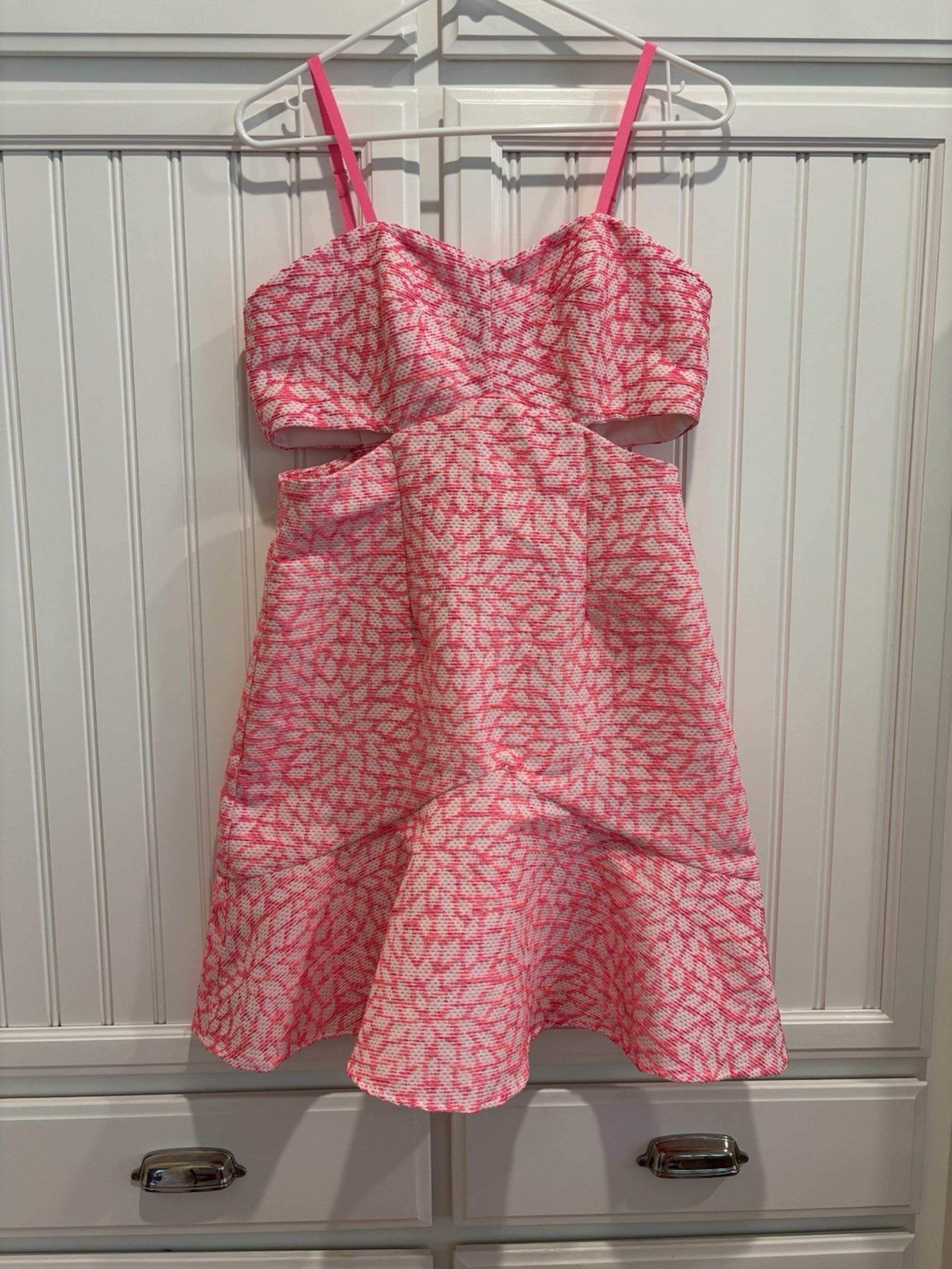Anthropologie Hutch Pink White Fit Flare Party Dress Ruffle Sz 4 EUC