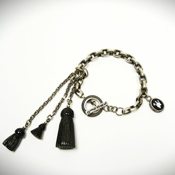 DIESEL NWOT Vintage Silver MOP Black Carved Horn Bangle Bracelet with Charms
