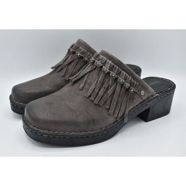 Born Womens Sz 9 Harmony Dark Grey Distressed Leather Tassel Slip On Mules Clogs
