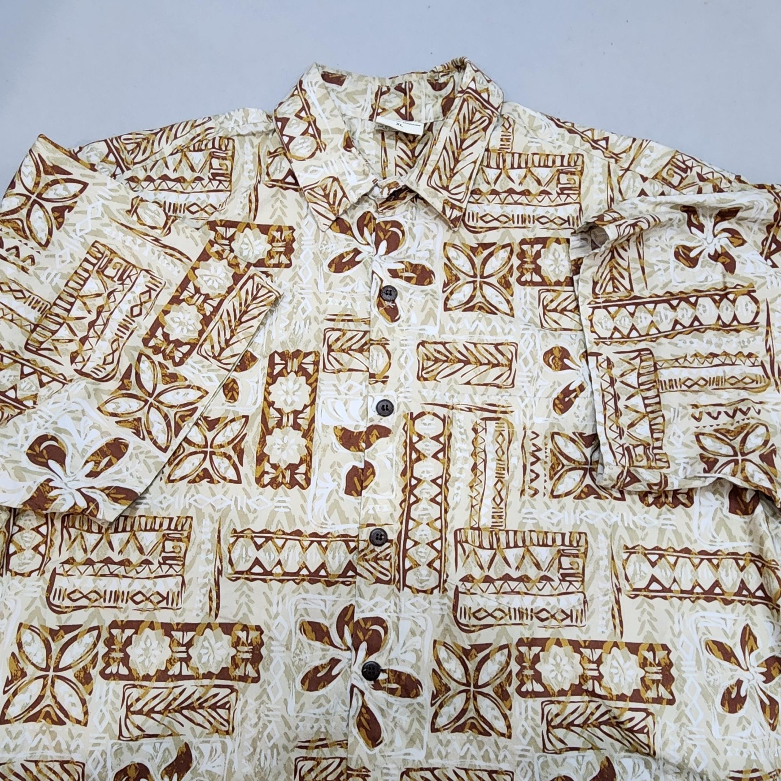 Go Barefoot Men's Hawaiian Tiki Short Sleeve Cream, Brown & Orange Print XL