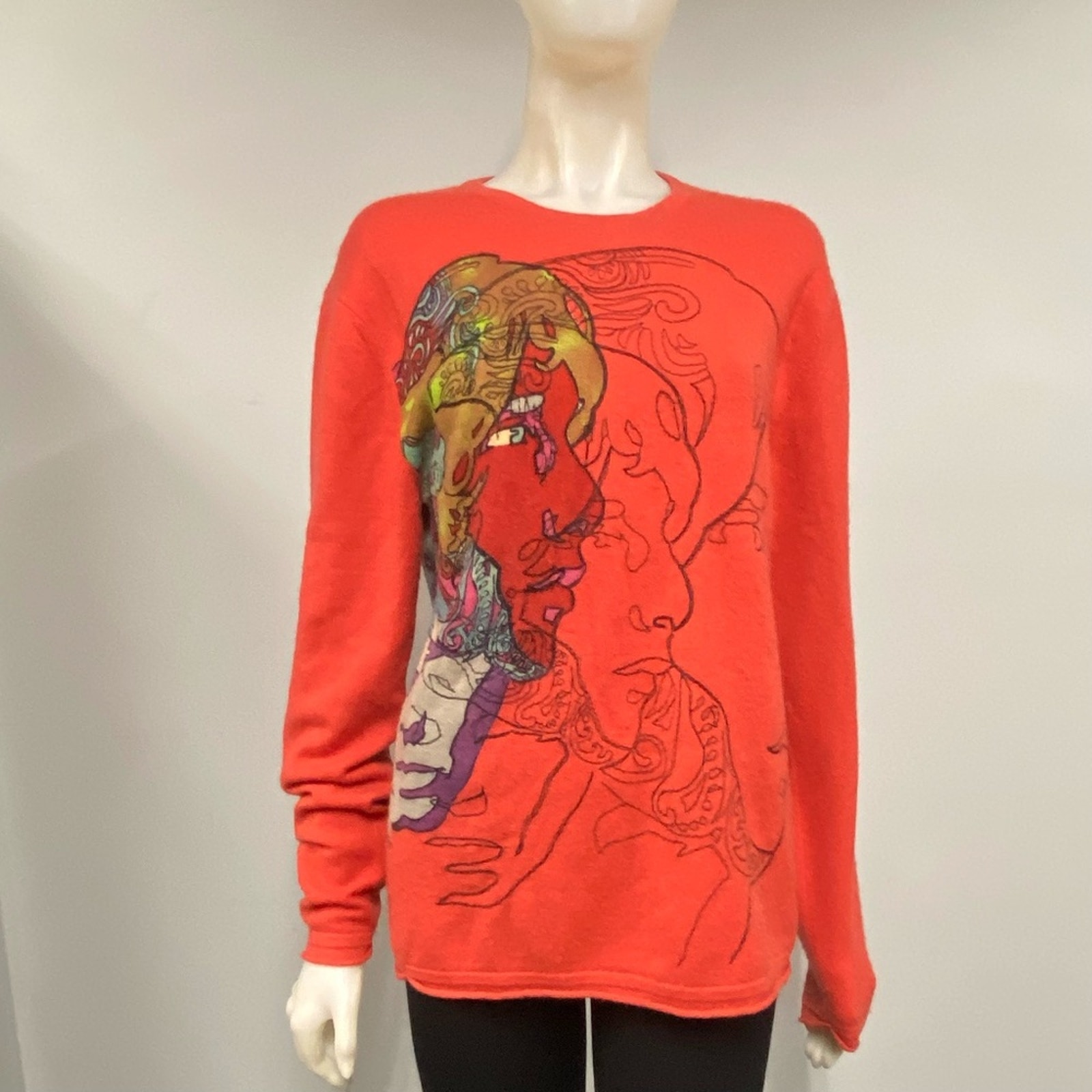 RAW 7 Orange Faces 100% Cashmere Crewneck Sweater Small S