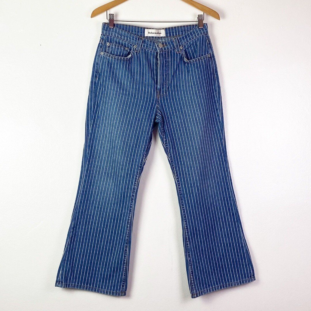 Reformation Women's Mid Crop Flare Pinstripe Denim Jeans In Mesa Stripe Size 28