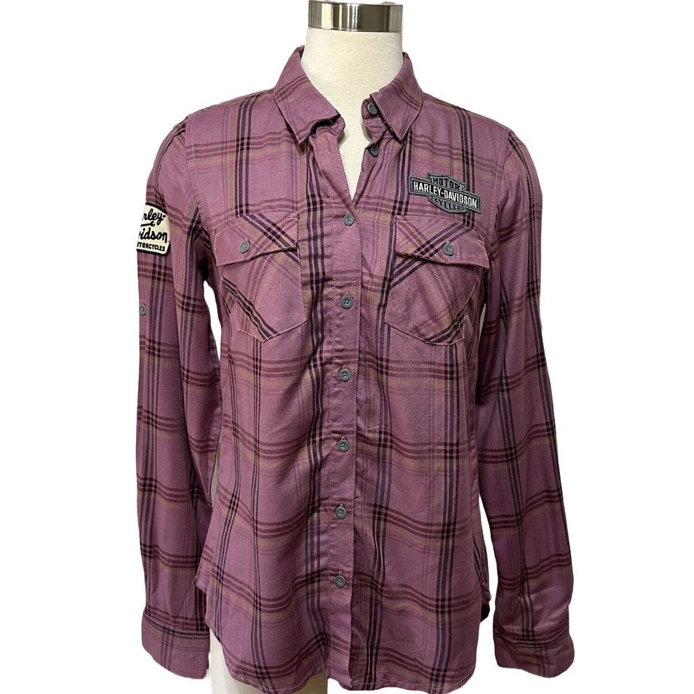 Harley Davidson Embroidered Plaid Gas & Oil Shirt Women S Purple Biker Patch NEW