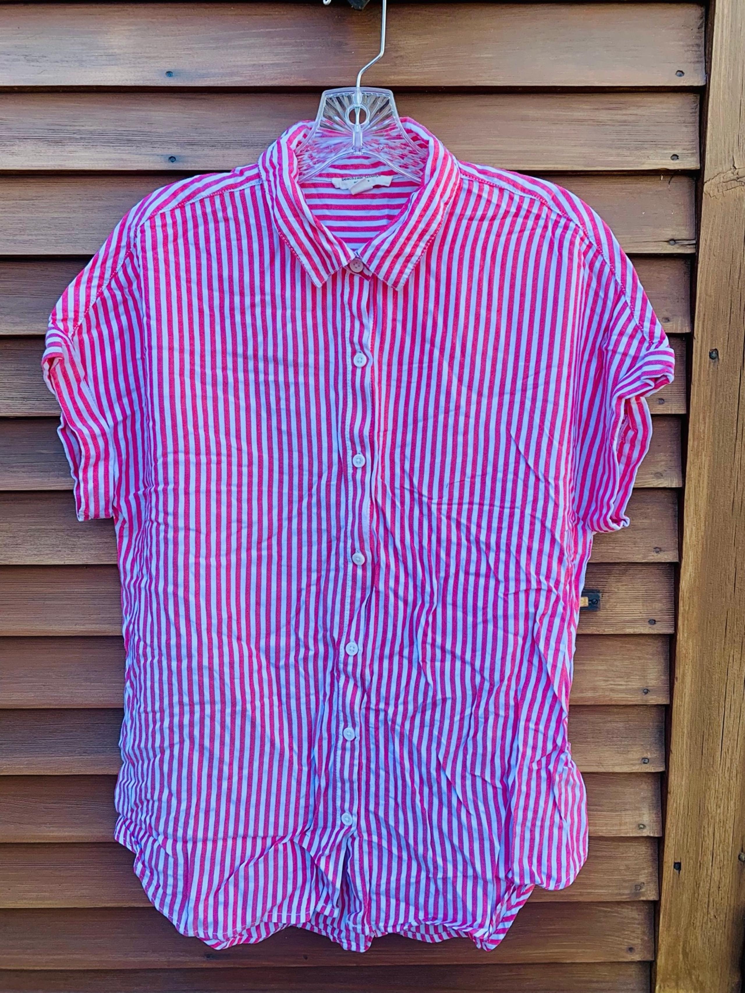 Beach Lunch Lounge Red White striped short-sleeve collared button up shirt