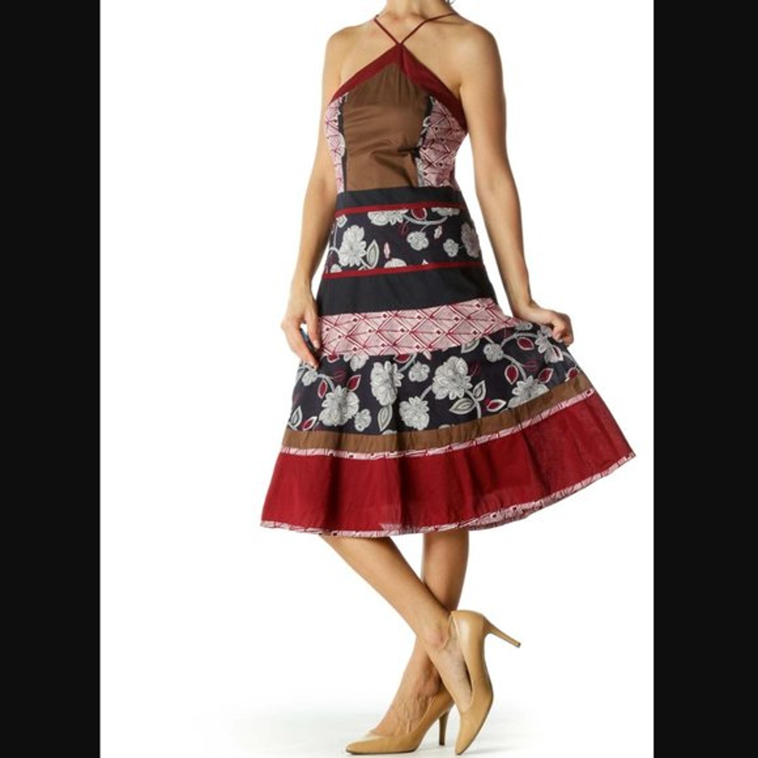 BCBG Max Azria 100% Cotton Navy & Brown Patchwork Floral Halter Dress womens 12