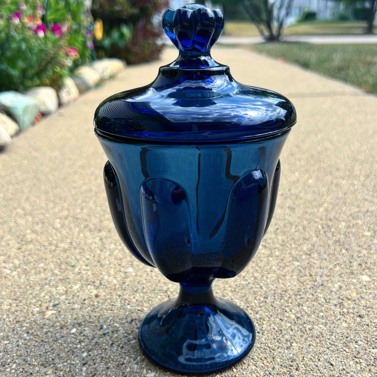 Vintage Viking Glass Charcoal Blue Six Petal Lidded Candy Dish 8”