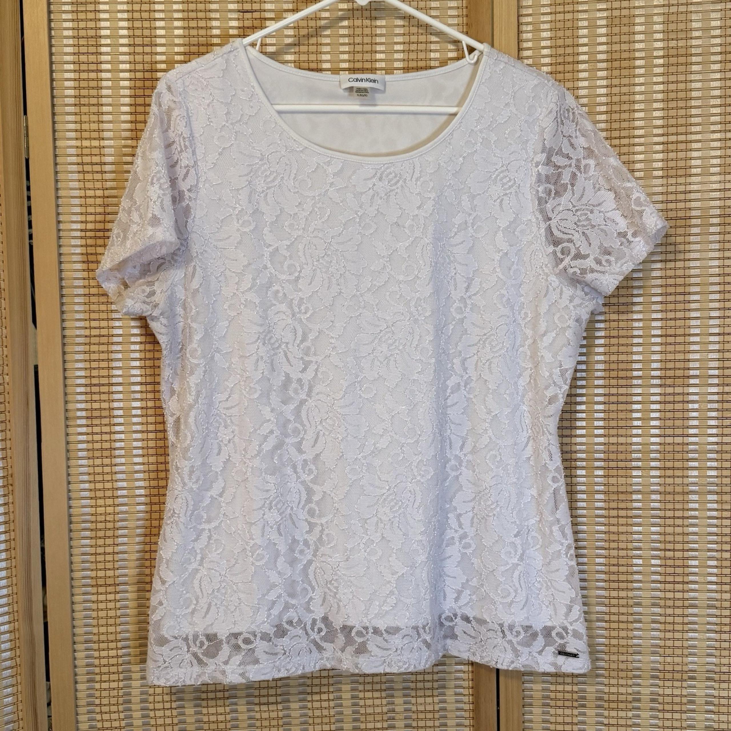 Calvin Klein Womens XL White Lace Scoop Neck Short Sleeve Lined Top Whimsical