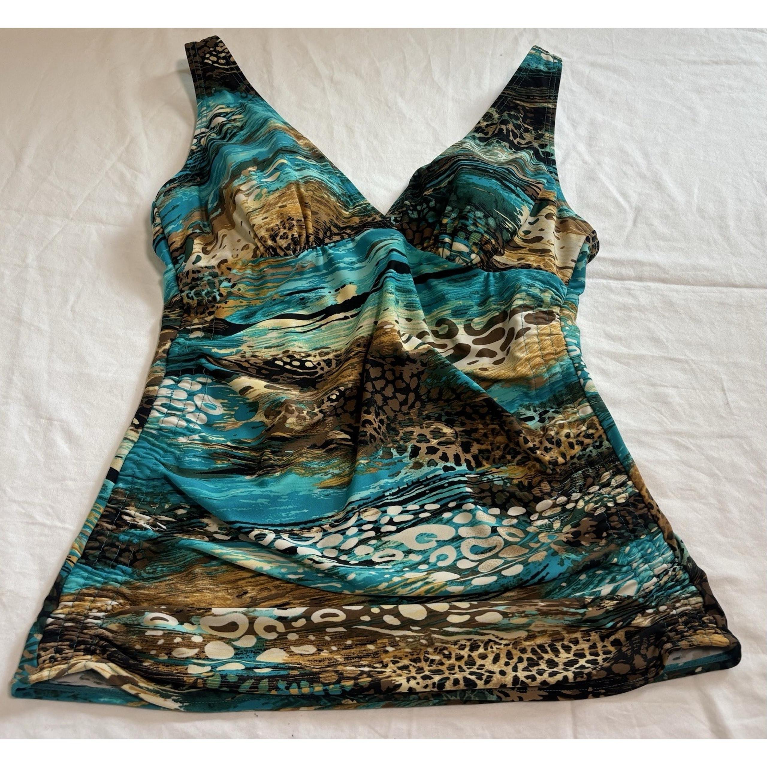 Christina Women’s Size 10 D Tankini Top Aqua Brown Animal Print Side Ruching Y2K
