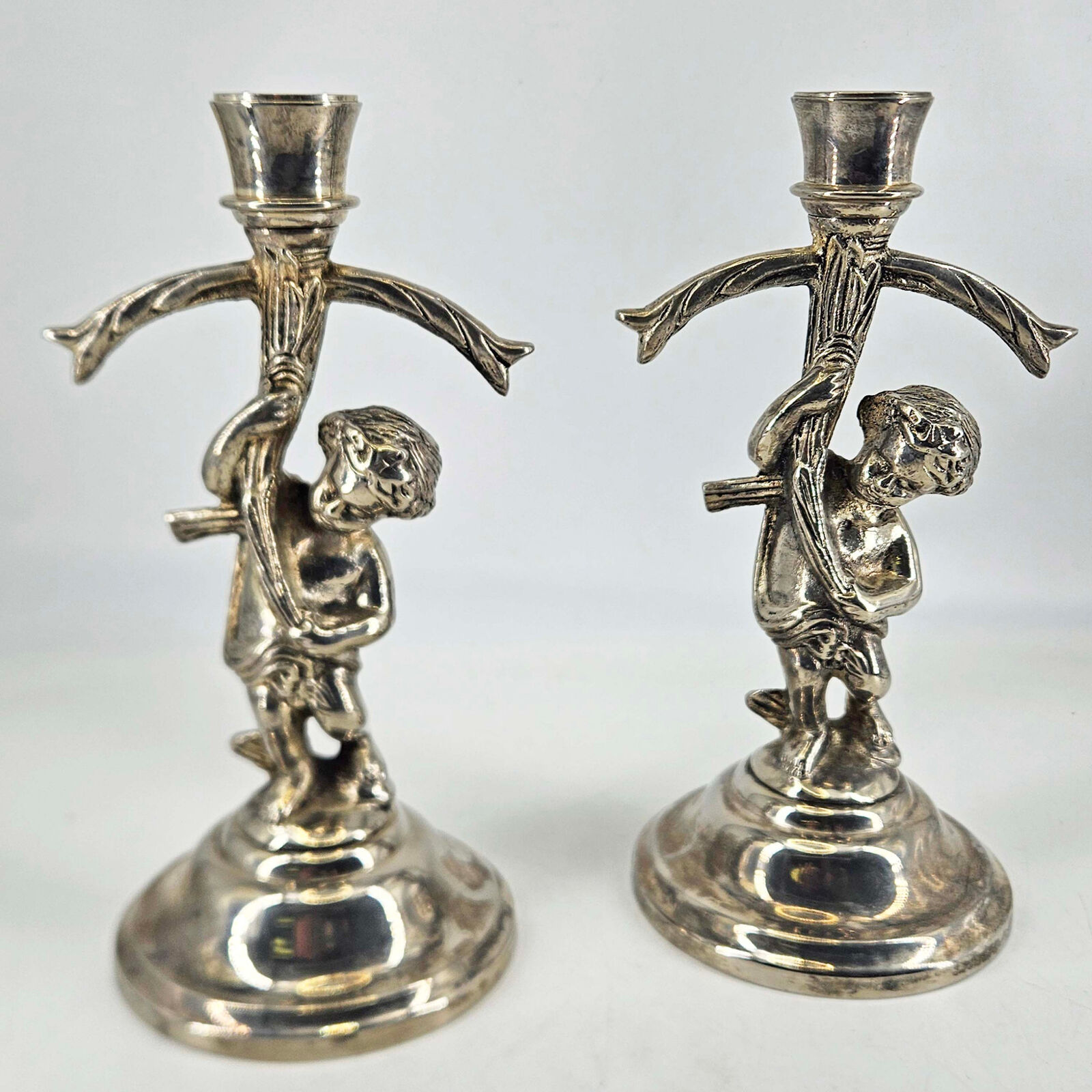 Pair of vintage silver Cherub Putti Victorian style Candle Holders