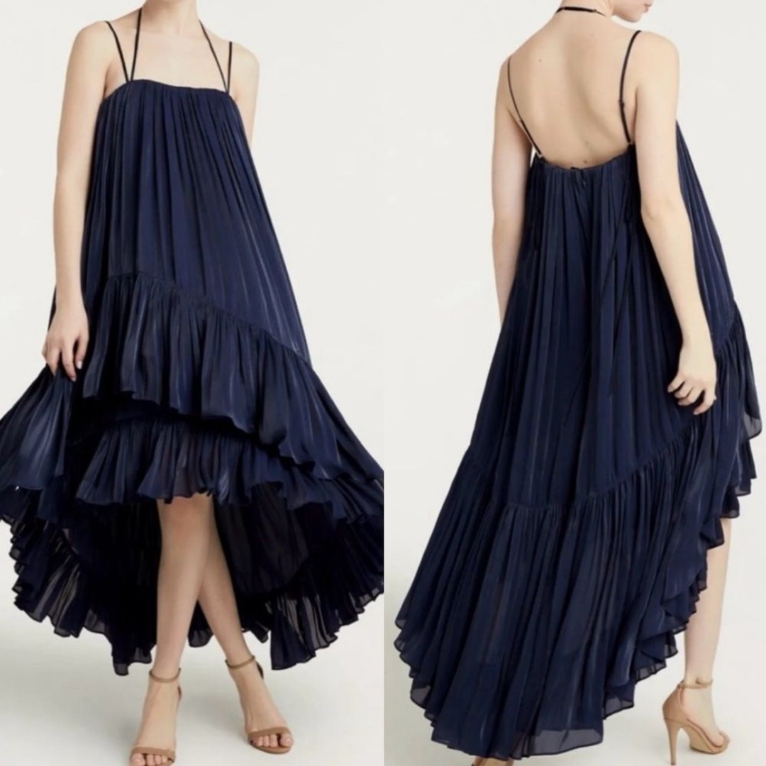 NWOT Cinq A Sept Soliel Pleated MIDI trapeze flare Dress In Navy Size 4