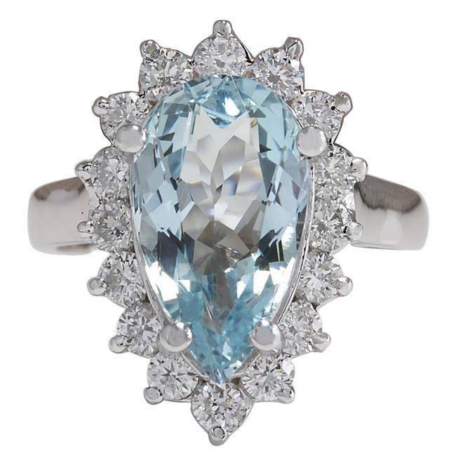 4.70Ct Natural Pear Aquamarine & Diamond Halo Solitaire Ring 14k White Gold