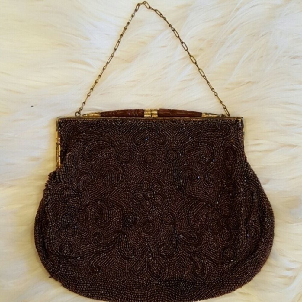VINTAGE CHOCOLATE BROWN BEADED MADE IN BELGIUM CHAIN HANDLE
