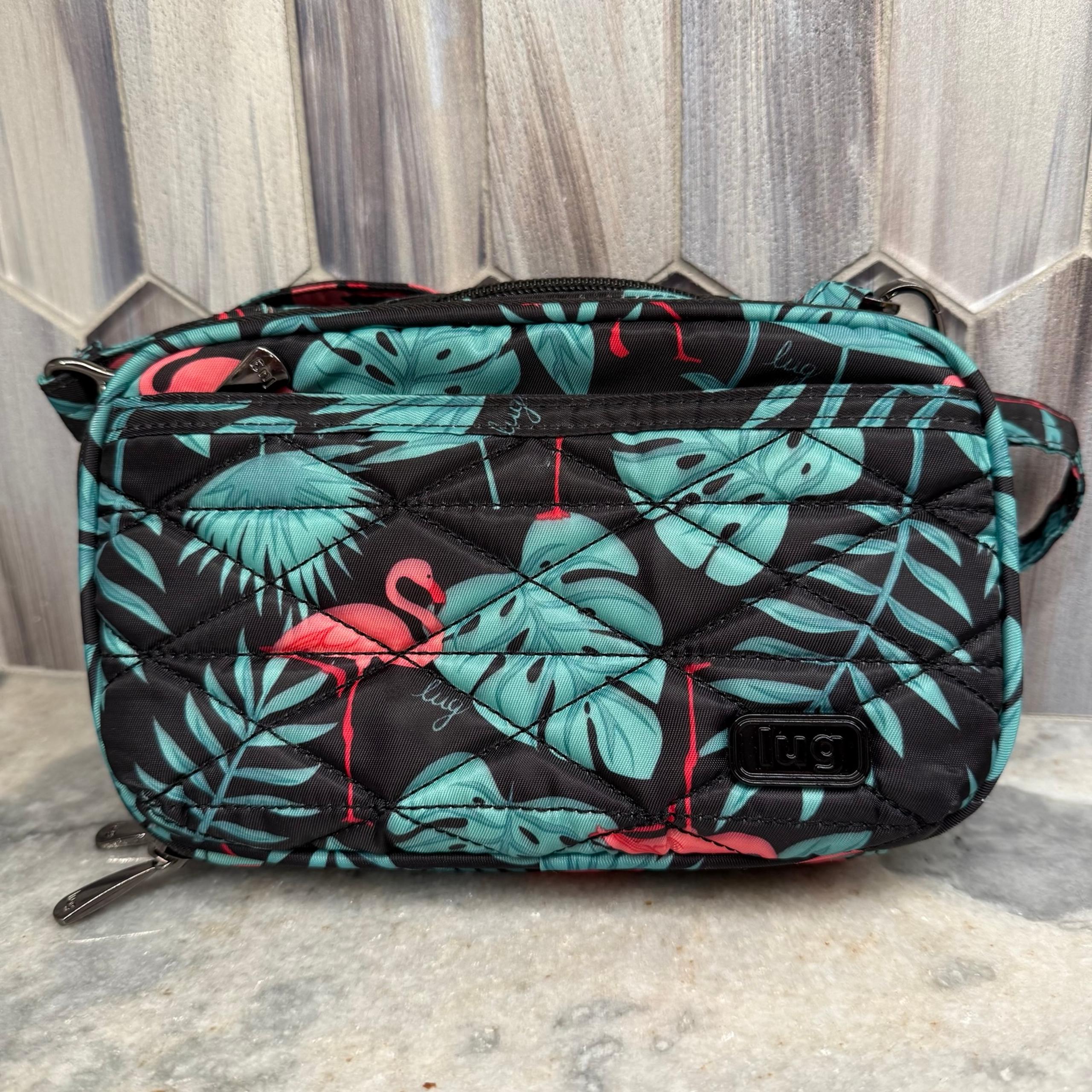 LUG Roundabout Crossbody Zipper Bag Black Neon Pink Flamingo-Tropical Palm Leaf