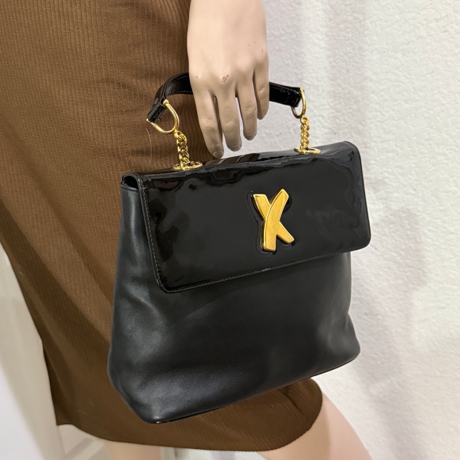 Vintage PALOMA PICASSO Black Leather & Patent Gold Logo Front Flap Handbag