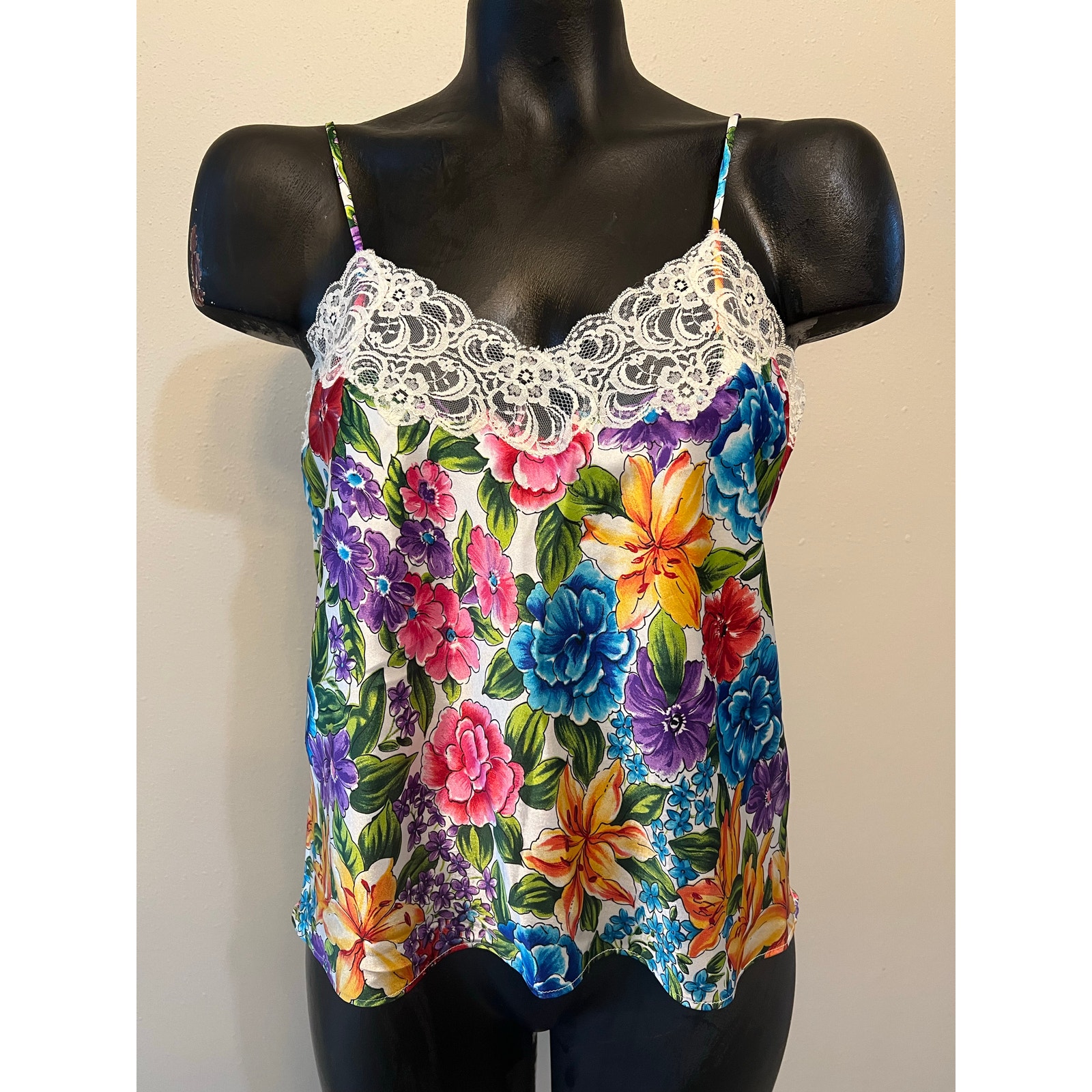 Delicates Women Babydoll Cami Tank Floral Fairy Feminine Colorful Lace sz M ‘90s