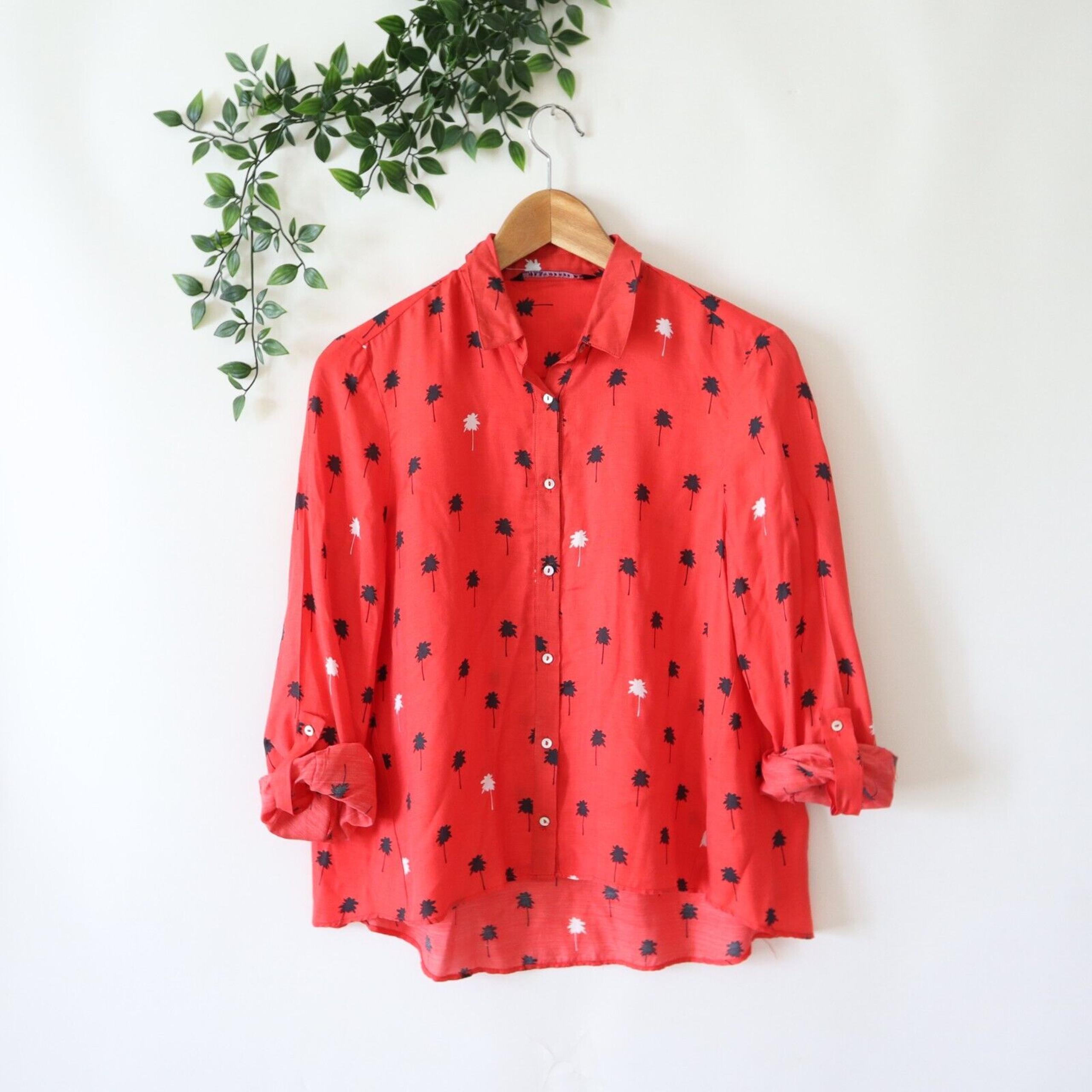 Zara Women's Red Palm Tree Print Roll Tab Long Sleeve Top Size Small