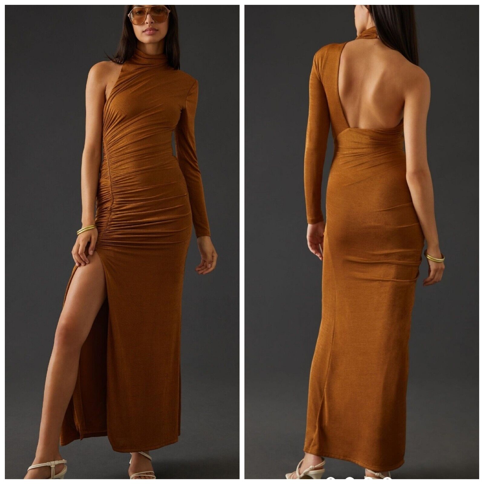 NWT MISHA x Anthropologie Pauline Bronze Asymmetric Jersey Maxi Dress $378 Sz 10