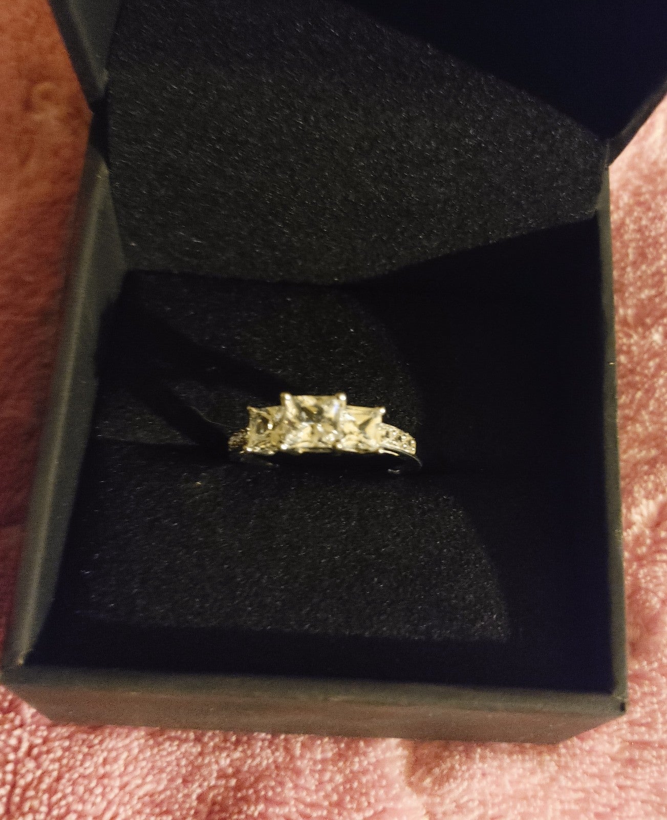 Zales Princess-Cut created White Sapphire 3 Stone Ring with round stones on band