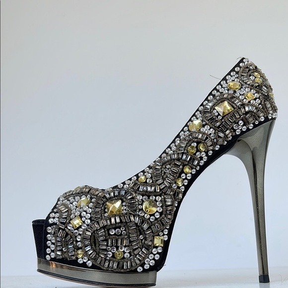 ZiGiny Black Label Romi Beaded Crystal Platform Stiletto Heels Size 8 Glam