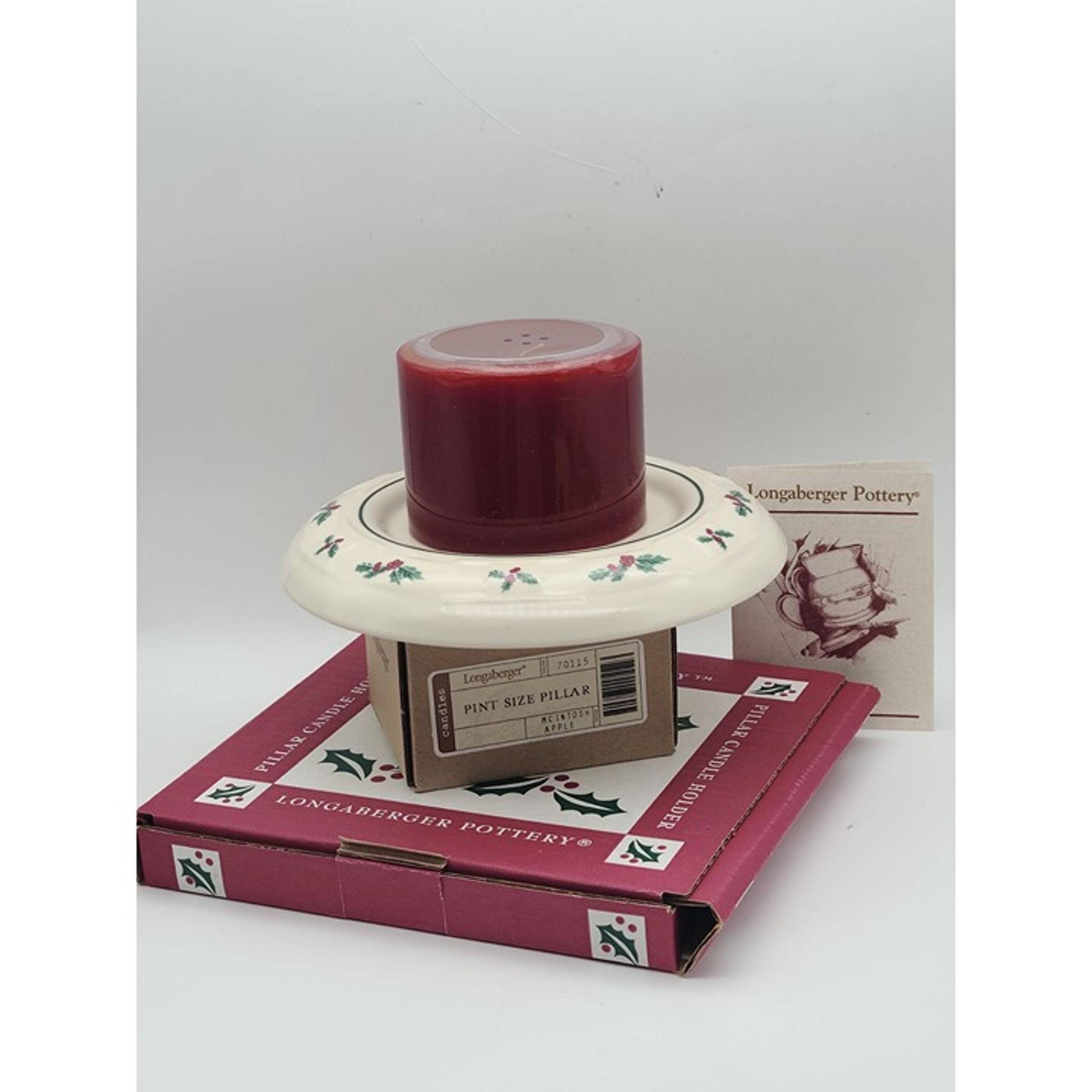 Longaberger Pottery Pillar Candle Holder Traditional Holly Xmas Red Apple NEW