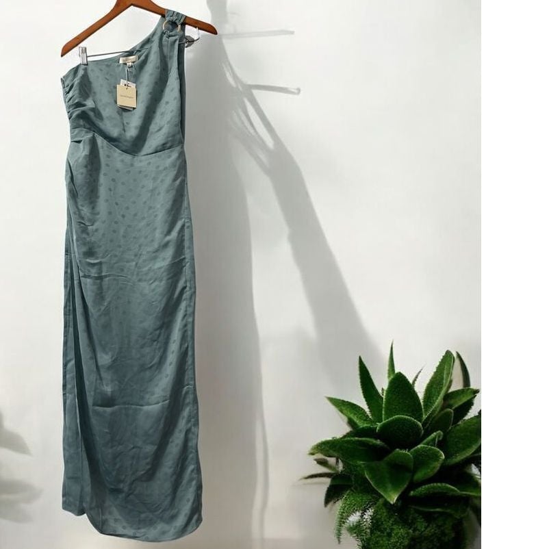 Favorite Daughter One Shoulder Polka Dot Maxi Dress Slate Green Formal Size 4