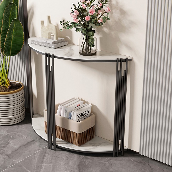 Console Table 2 Tier Half Moon Sofa Couch Narrow Entryway Table w/Storage Shelf