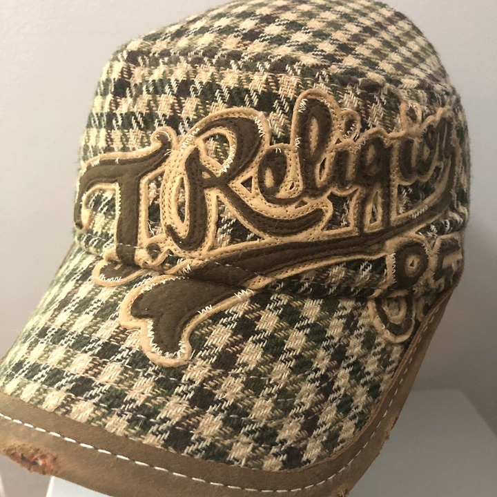VINTAGE TRUE RELIGION 85 PLAID DESTROYED LeATHER TRIM HAT -POLYESTER-WOOL SIZE M