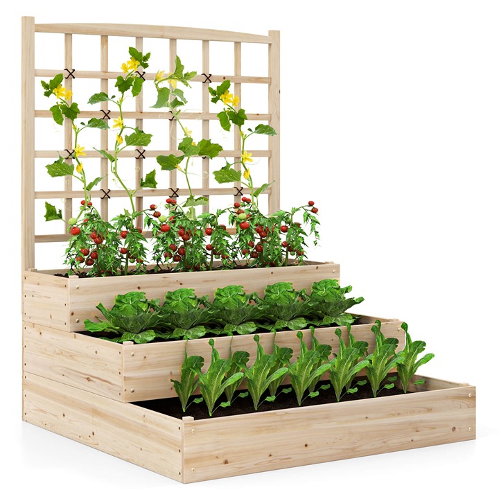 44 x 45 x 56 3-Tier Raised Garden Bed w/ Lattice Trellis Open-Ended Base