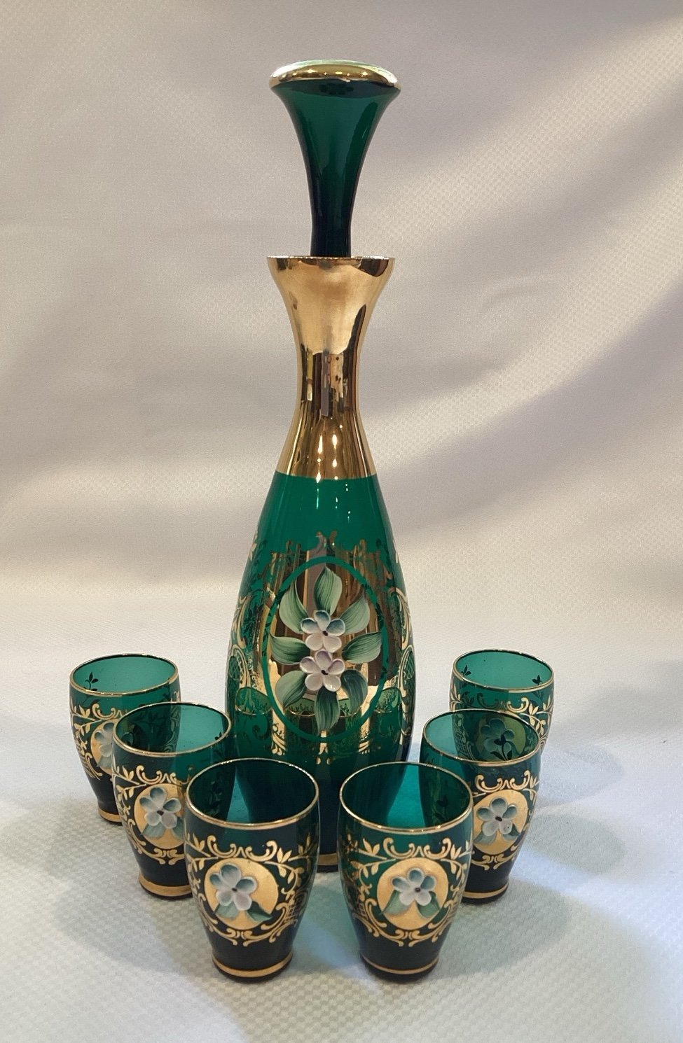Vintage Bohemian Glass Decanter and 6 Matching Shot Glasses Bohemian Glass