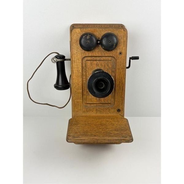 Antique 1900s Kellogg Hand Crank Oak Wood Wall Telephone Phone Brass Accents