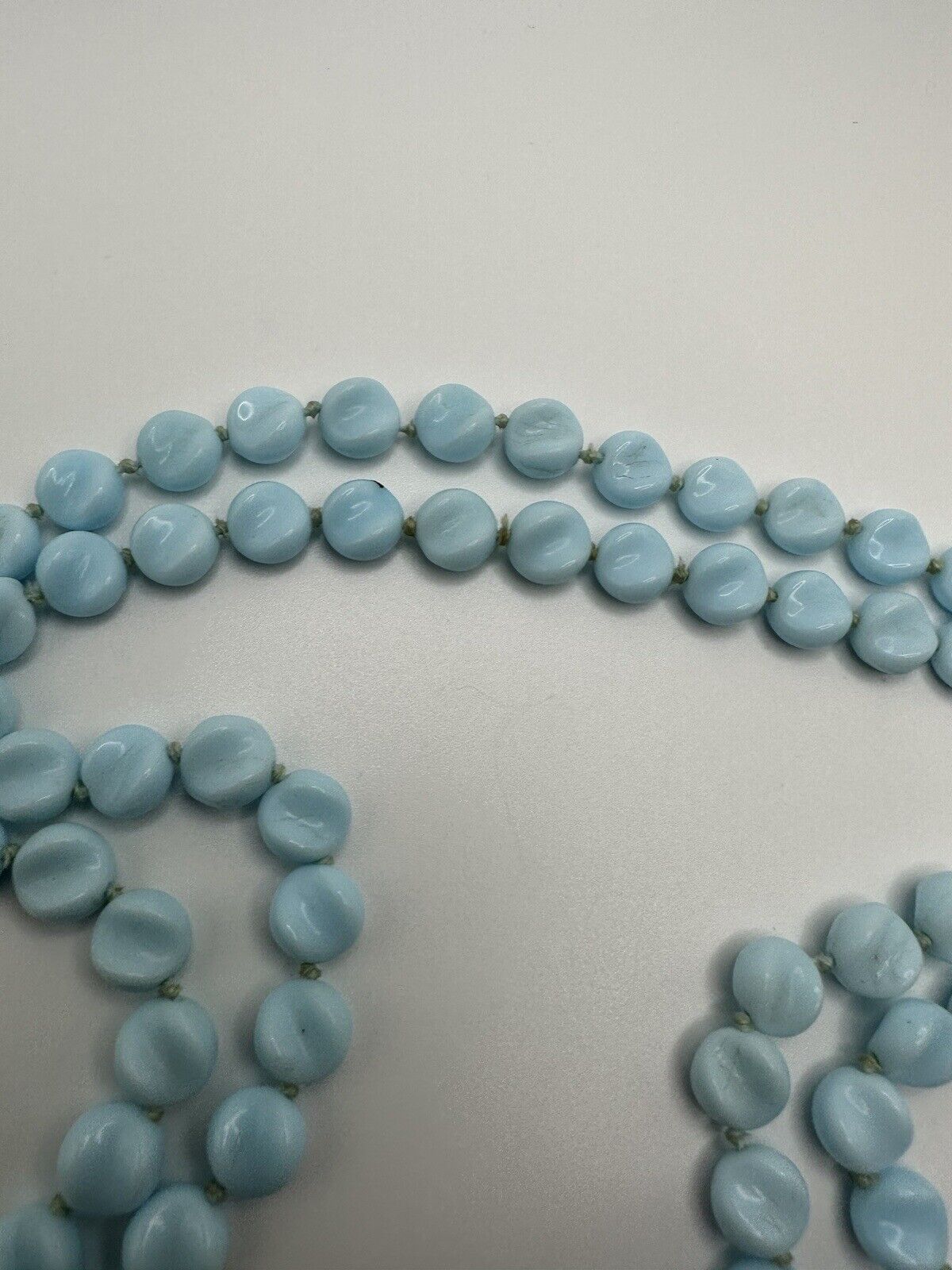 Antique Long Baby Blue Robins Egg Blue Glass Bead Sterling Silver Necklace 54”
