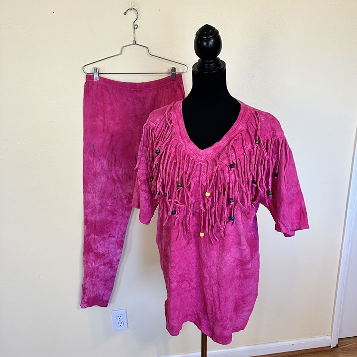 Vtg Womens Hot Pink Tie Dye Top & Pant Set Cotton Fringe Rodeo USA Medium