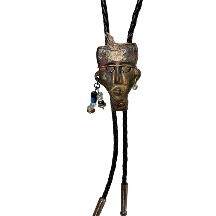 Western-Style Bolo Tie With Unique Tribal Face Pendant & Metal Tips One of a Kin