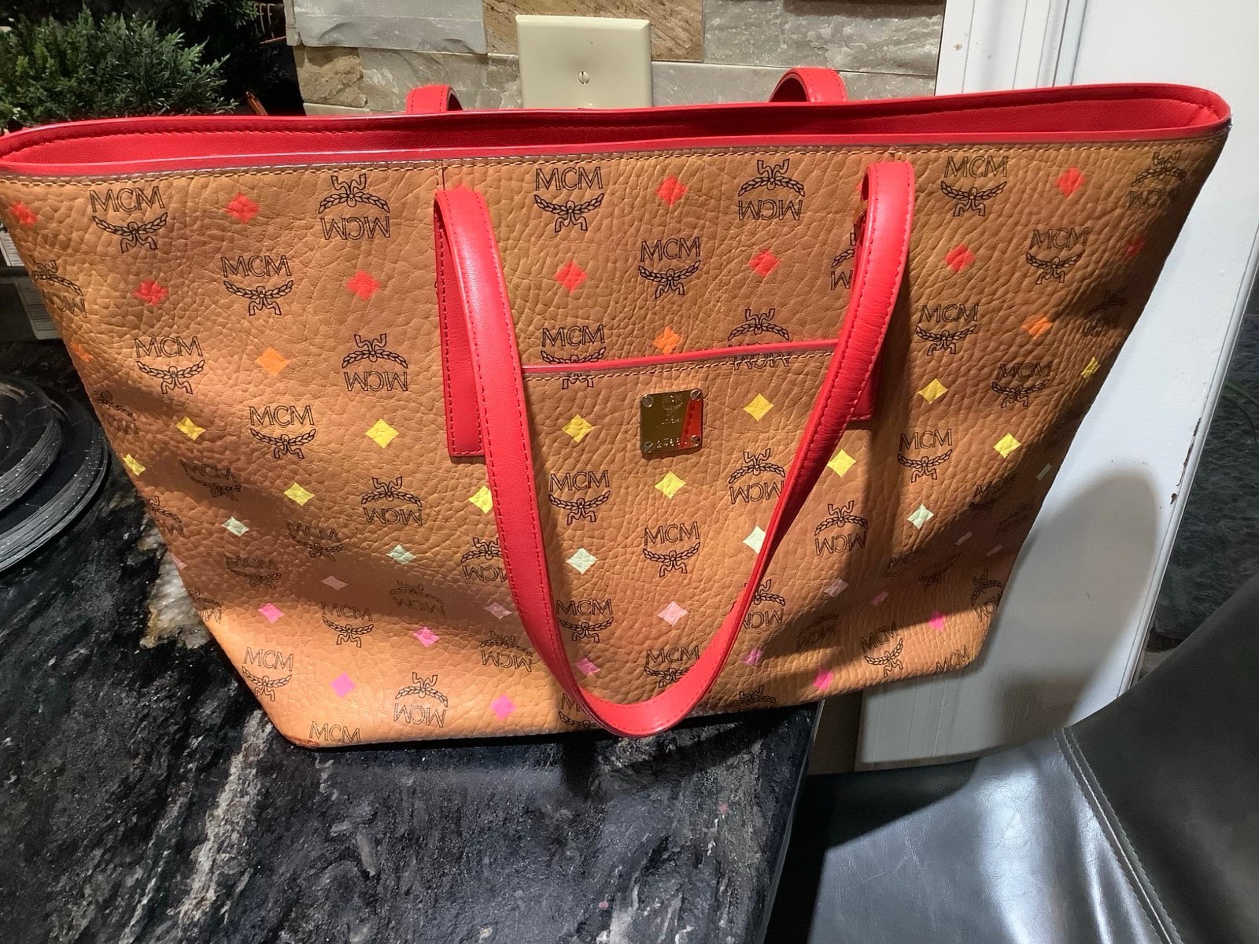 MCM Cognac Red Diamond Spectrum Rainbow Shopper Tote Handbag