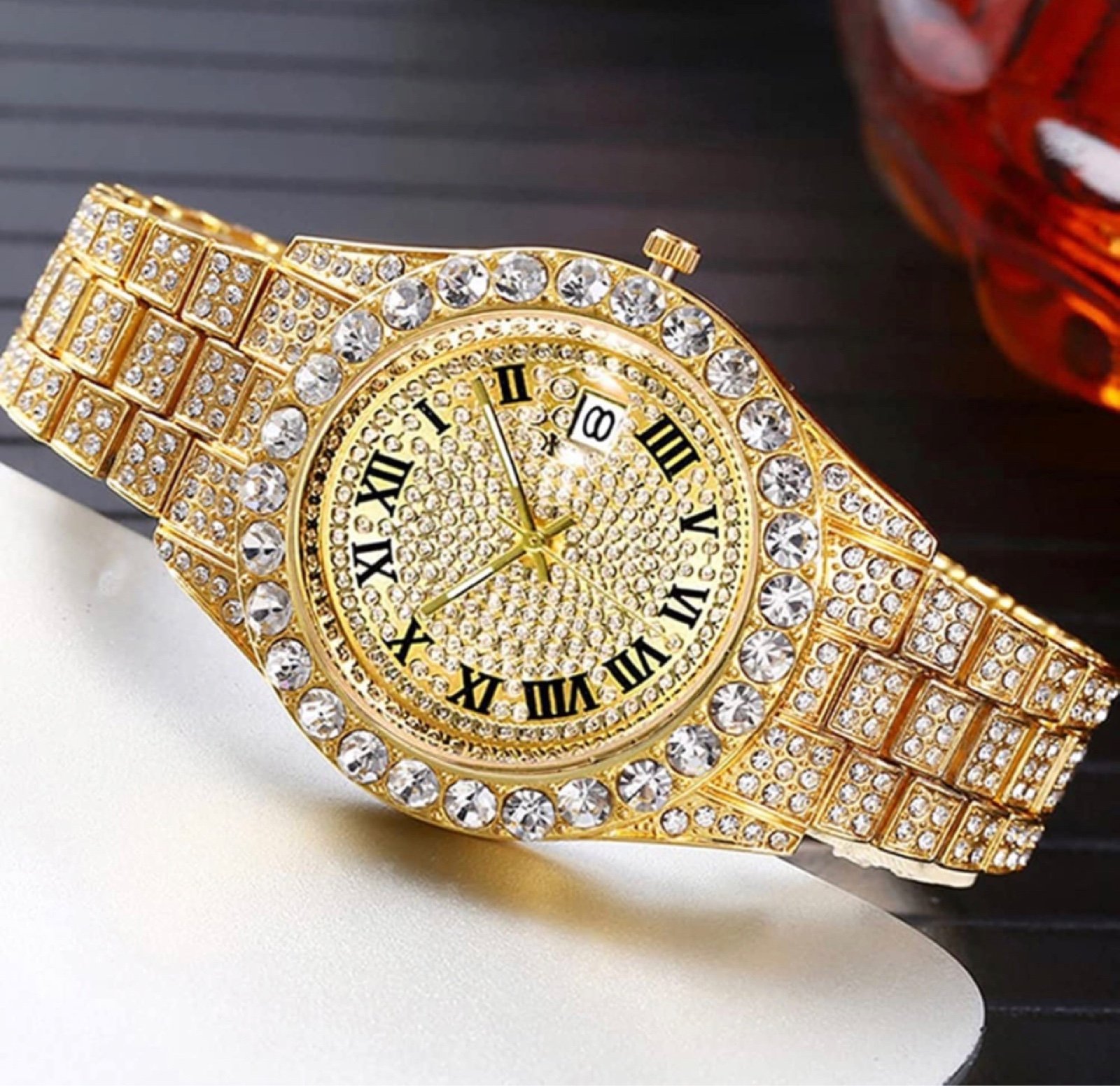 New Gold Luxury Iced Out Watch with Date, Great Gift!