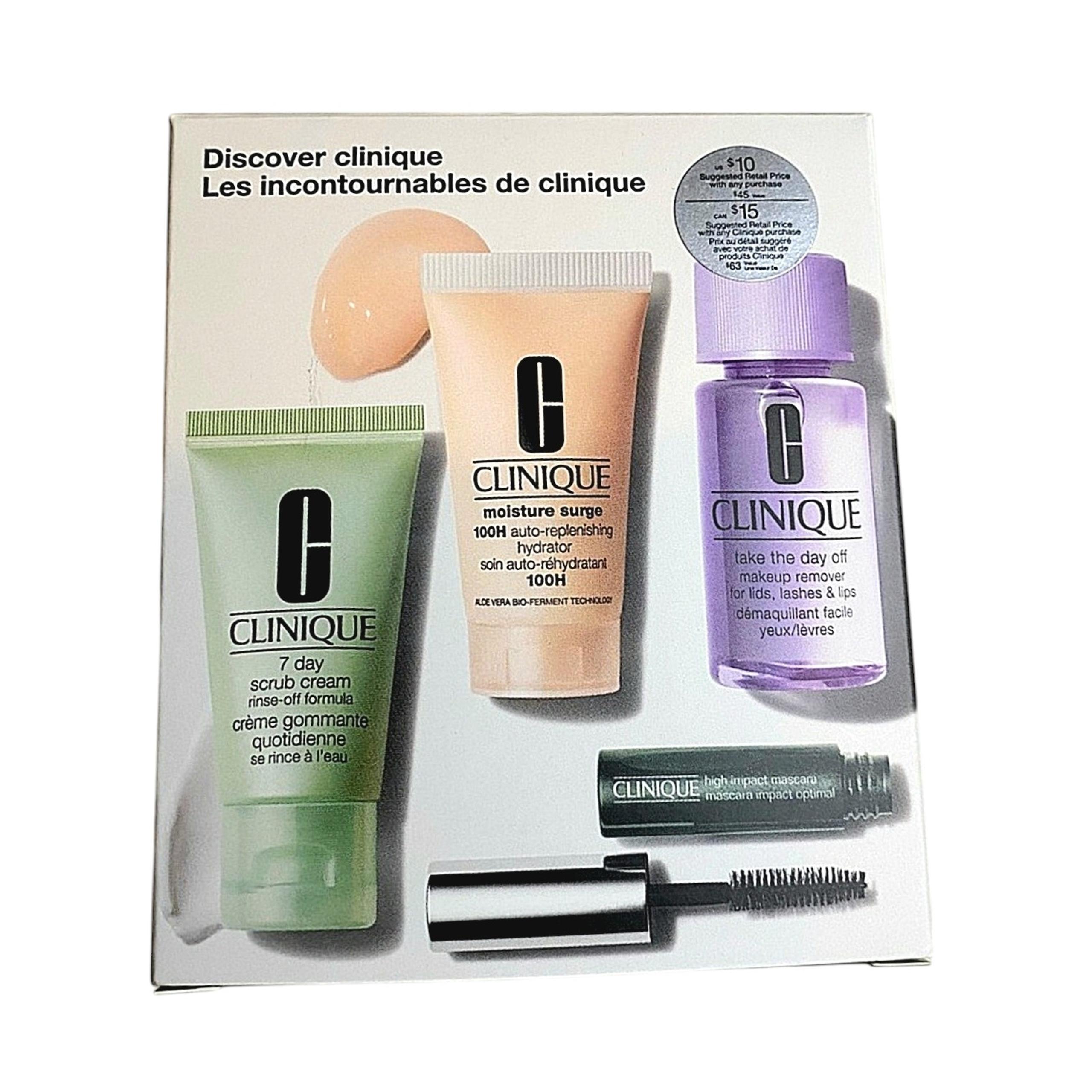 DISCOVER CLINIQUE SKINCARE MAKEUP SET 4-PIECE SCRUB, MOISTURE SURGE, MASCARA