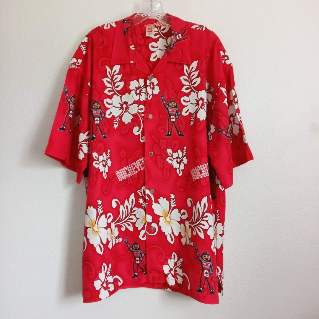 OHIO STATE Hawaiian Shirt BRUTUS Buckeye Red Floral Button Down Short Sleeve XL