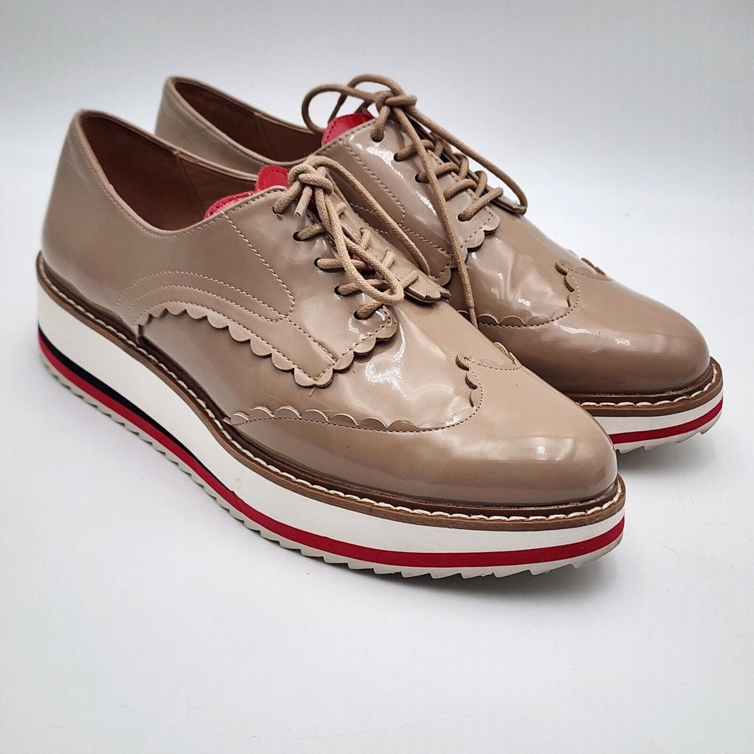 Zara Oxford Shoes Women's 38 / 7.5 Tan Nude Patent Leather  Platform Lace