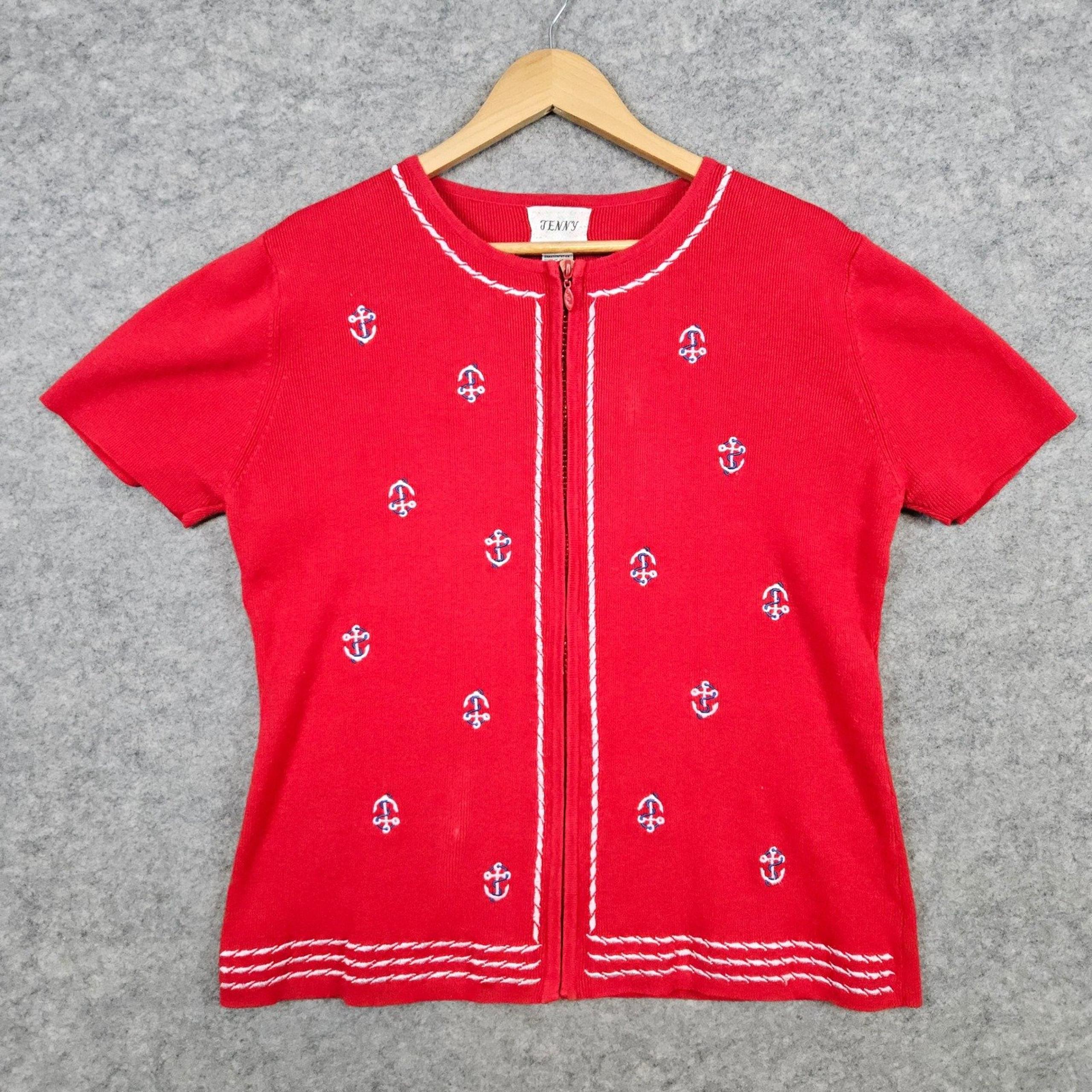 Jenny Women's Red Zip Front Cardigan Size L Anchors Nautical Cotton Blend SPOT