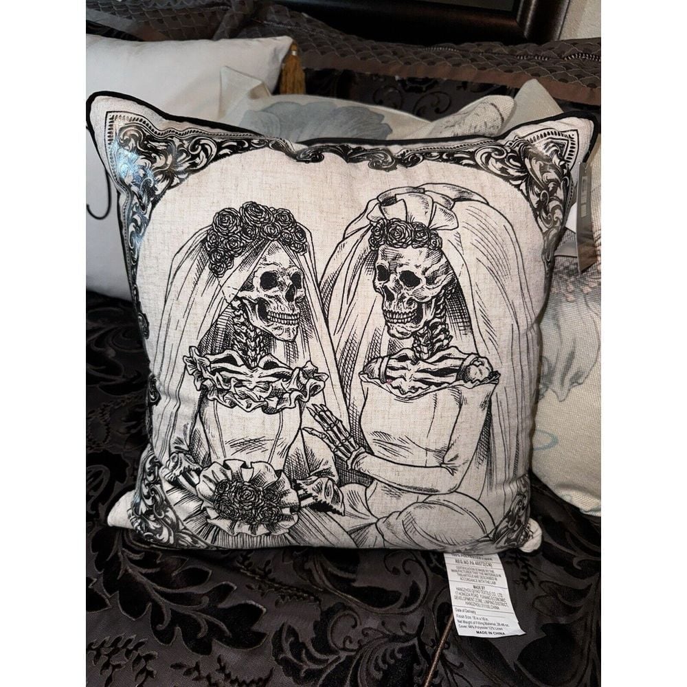 Cynthia Rowley Halloween Skeleton Brides Decorative LGBTQ Throw Pillow Cream New